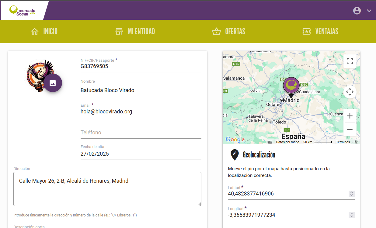 Panel entidad modificar perfil